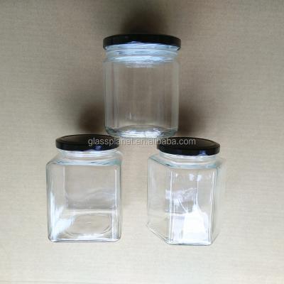 China Sustainable 50ml - 1000ml Square Cylinder Hexagon Glass Honey Jar Jam Bottle With Metal Lid for sale