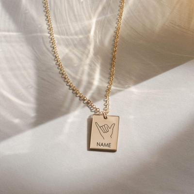 China eManco Environmentally Friendly Gestures Necklace Sign Language Pinky Swear Hand Engrave Letter Name Necklace Friend Stainless Steel Pendant Jewelry for sale