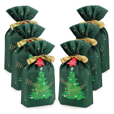 China Chirstmas Decor Green Drawstring Christmas Gift Bag Tote Bag Christmas Cookie Bag for sale