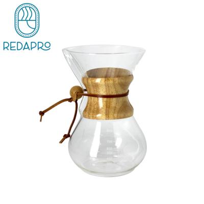 China Sustainable Transparent Glass Coffee Pot Wooden Hand Coffee Sharing Pot With Stainless Steel Scale And Filter for sale