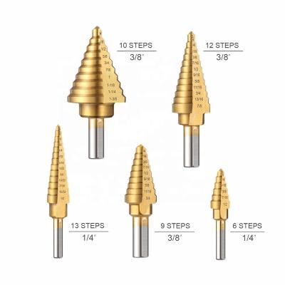 China Metal Drilling 5 PC Step Drill Bit Titanium Coated Groove Handle Pagoda Drill For PVC Thin Steel Wood for sale