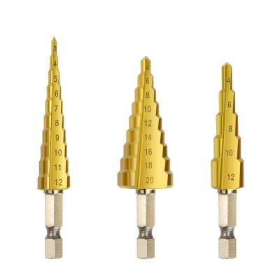 China Titanium Steel 3-12/4-12/4-20mm 3-12/4-12/4-20mm Metal Drilling 3PC HSS Step Drill Bits Step Taper Cutting Tools Woodworking Metal Drilling Set for sale