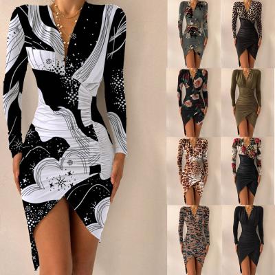 China SZ1297 Breathable Women Clothes Dresses Long Sleeve V Neck Printed Split Bodycon Dress Women Fashion Dresses for sale