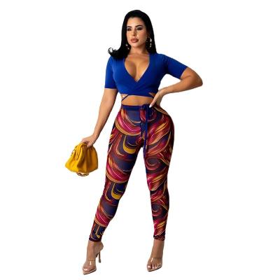 China SZ0940 QUICK DRY fashion mesh two piece set sexy printed pants women for sale