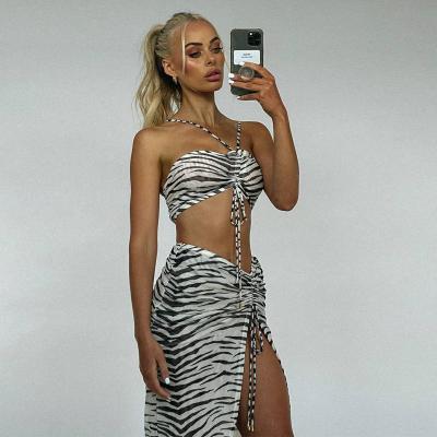 China 2022 Summer Women's QUICK DRY Zebra-copy SZ1453 Tie Halter Vest Split Skirt Two Piece Set for sale