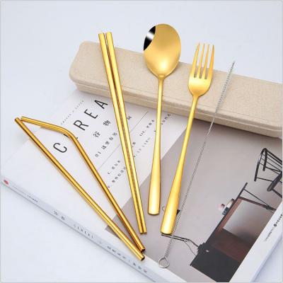 China Korean Reusable Viable Stainless Steel Flatware 7pcs Fork Spoon Chopstick Straw Portable Cutlery Set With Wheat Box for sale