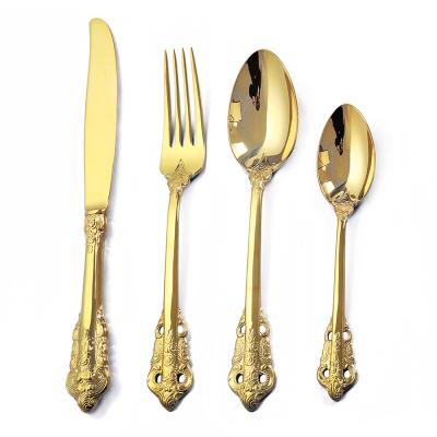 China Viable Luxury Royal Stainless Steel Gold Cutlery With Fork Knife And Spoon Set Wedding Gold Flatware for sale