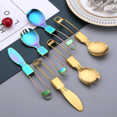 China Sustainable High Quality 304 Stainless Steel Travel Flatware Folding Knife Fork Spoon Portable Camping Set for sale