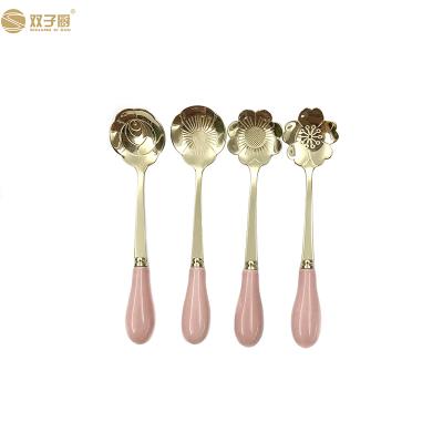 China Sustainable Ceramic Flower Shape Dessert Tea Tea Stainless Steel Handle Small Spoon for sale