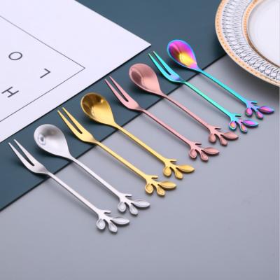 China New style viable leaf shaped design stainless steel fork dessert teaspoon and spoon set berry fork for sale