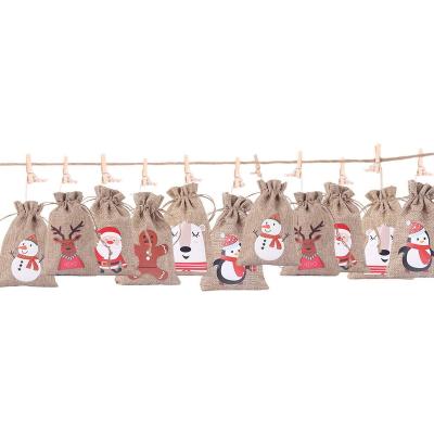 China 24pcs/set Snack Christmas Advent Calendar Bag DIY Drawstring Canvas Gift Bags Hanging Candy Storage Burlap Bag Christmas Tree Ornaments for sale