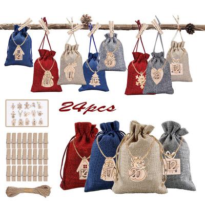 China Christmas Advent Calendar Bags Snack Set 24 Days Burlap Advent Calendar Gift Drawstring Bags with Christmas Embellishments Staples DIY for sale