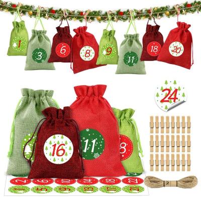 China Christmas Gift Bags 24 Sets Christmas Calendar Craft, DIY Advent Calendar Fabric Bag with 1-24 Advent Numbers Stickers BG009 for sale