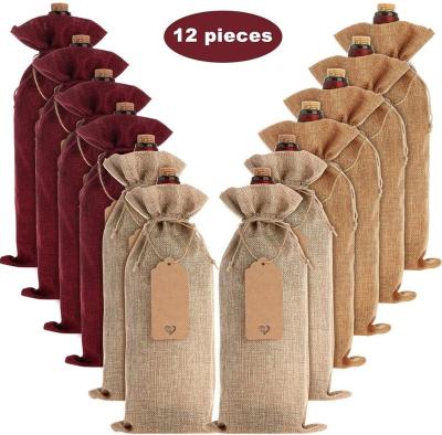 China Wedding Favor 12pcs Burlap Wine Bags with Drawstrings Reusable Burlap Wine Bottle Bag with Tags for Party Blind Sample Birthday Wedding Travel for sale