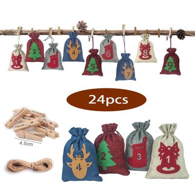 China 2021 New Christmas Burlap FELT Sack Set 24 Stickers Christmas Countdown Advent Calendar Sack Digital Felt Spots for sale