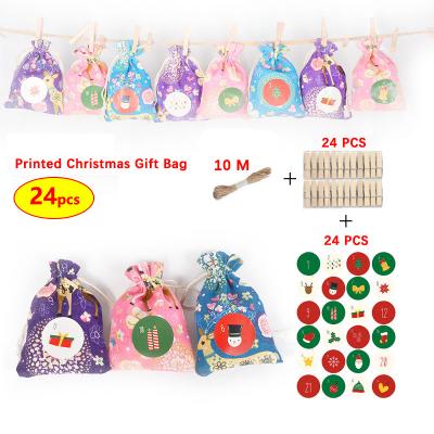 China Cotton Christmas Fawn Cotton Gift Bag Printed Drawstring Bottom Candy Christmas Countdown Set Cotton Bag for sale