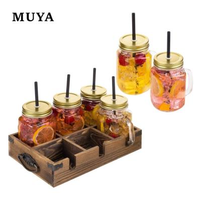 China Cheap Europe Mason Jar Mug Glasses in Wooden Cart with Metal Corner Brackets and Handles for sale