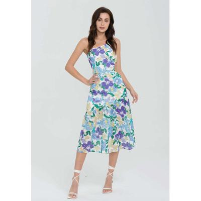 China New Breathable Custom Fashion Printed Floral Midi Dress One Shoulder Cut Out Dress for sale