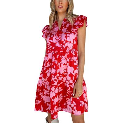 China 2023 Summer Spring Breathable Dress Elegant V-Neck One-piece A Line Ruched Floral Print Ruffle Sleeve Tiered Dresses For Women for sale