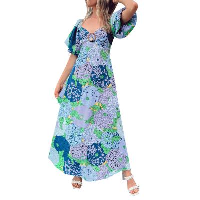 China Bohemian Floral Short Long Maxi Dresses Ladies Spring Puff Print Dress 2023 Women V Neck Elegant Casual Breathable Smocked Custom Made for sale