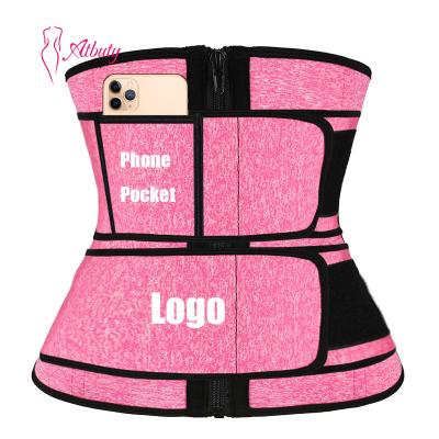 China ATBUTY Women Neoprene Waist Trainer Antibacterial With Phone Pocket Two Belt Plus Custom Size Waist Cincher for sale