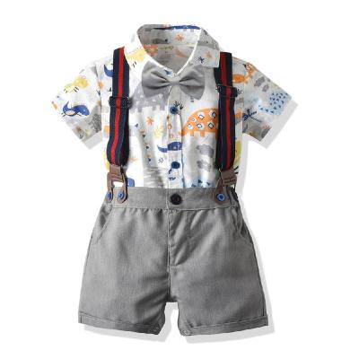 China Summer Children Kids Boys Gentleman Clothing Set Boys Casual Short Sleeve Shirt+Suspenders Shorts Dinosaur Casual Outfits for sale