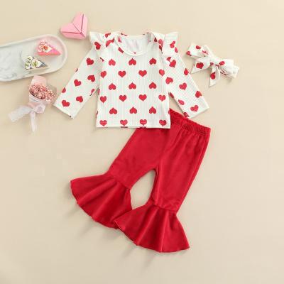 China Vintage 3pcs Valentines Days Babies Clothes Sets 0-4Y Heart Printed Fly Tops+High Sleeve Tops+High Waist Flare Pants Outfits for sale