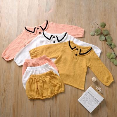 China 2021 Autumn Breathable Newborn Clothes Set Baby Cotton Ruffle Neck Shirt PP Shorts 2pcs Outfit Solid Summer Girls Clothes for sale