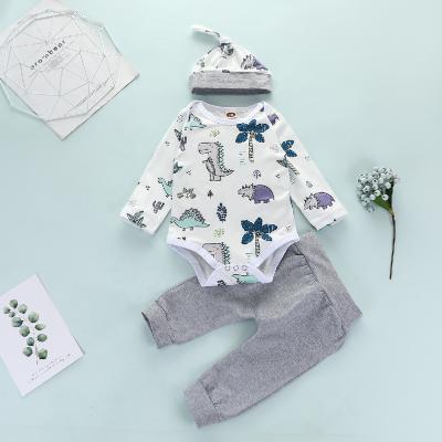 China 2022 Baby Autumn Clothes Set Breathable Warm Infant Printed Dinosaur Romper Pants Hat 3pcs Cotton Clothing Set for sale