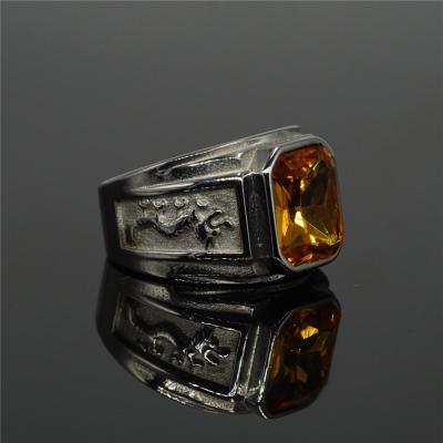 China Vintage Zodiac Rings Big CZ Colorful Stainless Steel Dragon Rhinestone Pigeon Stone Ring For Men for sale