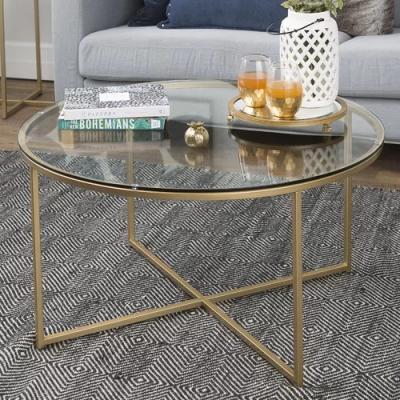 China (Other) popular adjustable clear tempered glass top coffee table end table with chromed stainless steel frame in cross design for sale