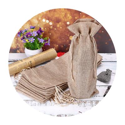 China Eco-Friendly Reusable Hemp Burlap Drawstring Gift Canvas Wine Bottle Bags With Printed Logo for sale