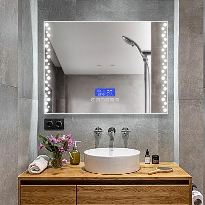 China Wall Mounted Rectangle Led Espejo Illuminated Smart Magnifying Smart Led Bathroom Mirror With Time Display for sale