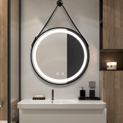 China Wholesale Leather Frame Magnifying Metal Hanging Mirrors For Home Hotel Round Wall Led Light Bathroom Decoration Mirror With Leather Strap for sale