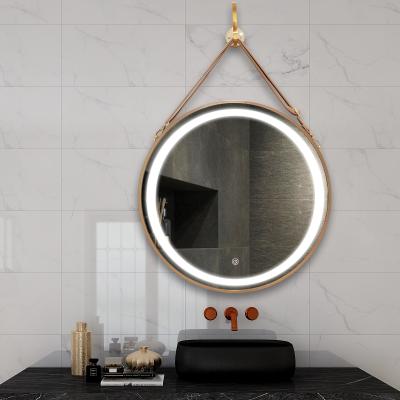 China Nordic Style Enlarging Wall Hang Large Aluminum Framed Round Bathroom Mirror Led With PU Leather Strip for sale