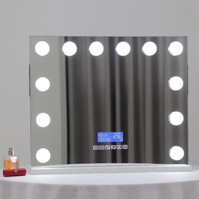 China Bedroom Lighted Make Up Dressing Mirror Hollywood Touch Sensor Switch Smart Led Light Mirror With Time-temperature Display for sale