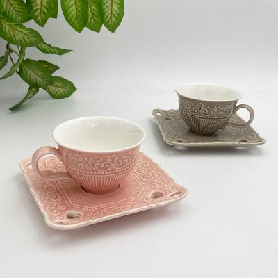 China Viable Design News Art Decor Tea Porcelain Ceramic Embossed Coffee Cup Espresso Cups For Gift With Saucer for sale