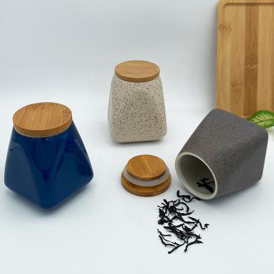 China Viable Wholesale Ceramic Airtight Coffee Tea Dry Food Canister Set For Kitchen Countertop With Bamboo Lid for sale