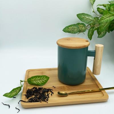 China Viable wholesale drinkware modern ceramic 375ml handle porcelain tea reusable wood cup with lid for sale