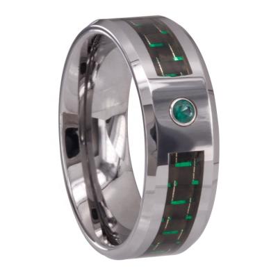 China Vintage Chengjewelers black green carbon fiber inlay tungsten rings with green moissanite inlay for sale