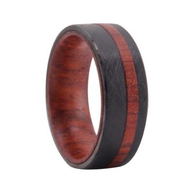 China New Styles Chengjewelers Designs New IP Black Wood Inlaid Tungsten Rings With Brushed Surface Finished for sale