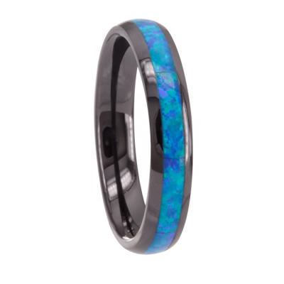 China Vintage Fashion Jewelry 4MM Inlay Light Blue Opal Black Ceramic Ring For Women for sale