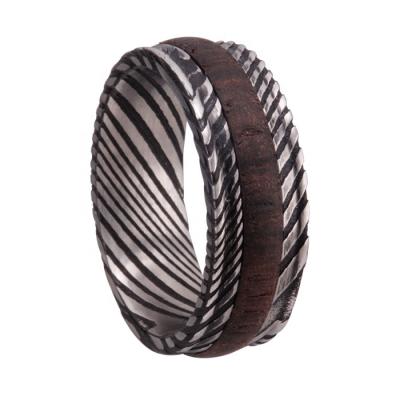 China FASHIONABLE Hot Sales 8mm Damascus Chengjewelers Mens Band Ring With Wood Inlay for sale