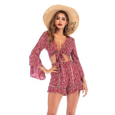 China Women's Casual Shorts Women's Summer Amazon Chiffon Regular Women's Suit Chiffon Shirt Floral Vacation Long Beach for sale