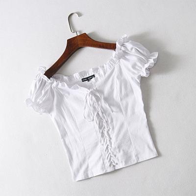 China Breathable French Vintage Agaric Short Sleeve Stylish Trellis Shirt With Tie Rope for sale