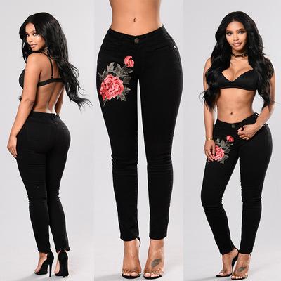 China Breathable Fashion Stretch Denim Hot-selling Black Embroidered Pants For Women Women Jeans for sale