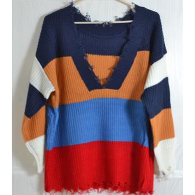 China anti-wrinkle loose striped v-neckline contrast style European and American new color wool sweater female for sale