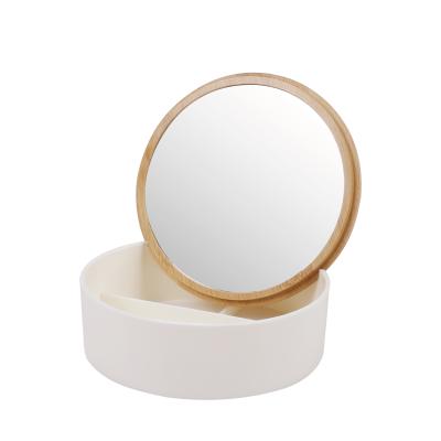 China WELLRICH Makeup Magnifying Mirror with Round Storage Box, Bamboo Grain Mirror for sale