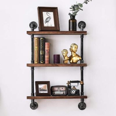 China Industrial Rustic Style Wooden Solid Wood Floating Pipe Shelves Kitchen& Living Room for sale