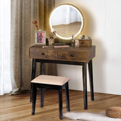 China With LED Mirror Eco-Friendly Rustic Wood Vanity Set With 3 Color LED Mirror Light Mirror Makeup Dresser Wooden Dressing Table for sale